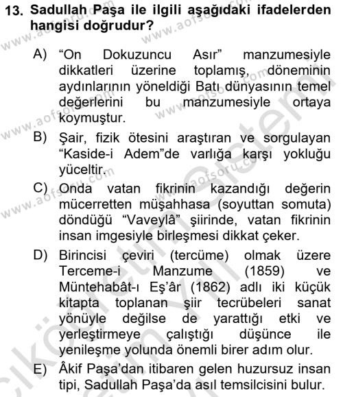 Tanzimat Dönemi Türk Edebiyatı 1 Dersi 2021 - 2022 Yılı Yaz Okulu Sınavı 13. Soru