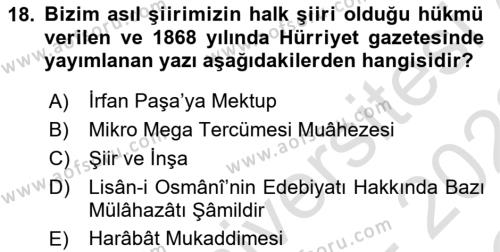 Tanzimat Dönemi Türk Edebiyatı 1 Dersi 2021 - 2022 Yılı Yaz Okulu Sınavı 18. Soru