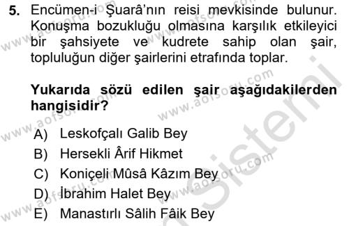 Tanzimat Dönemi Türk Edebiyatı 1 Dersi 2021 - 2022 Yılı Yaz Okulu Sınavı 5. Soru