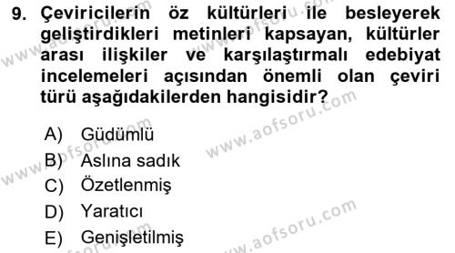 Tanzimat Dönemi Türk Edebiyatı 1 Dersi 2021 - 2022 Yılı Yaz Okulu Sınavı 9. Soru