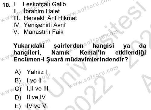 Tanzimat Dönemi Türk Edebiyatı 1 Dersi 2022 - 2023 Yılı (Vize) Ara Sınavı 10. Soru