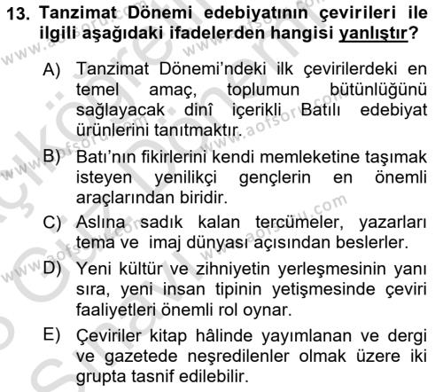 Tanzimat Dönemi Türk Edebiyatı 1 Dersi 2022 - 2023 Yılı (Vize) Ara Sınavı 13. Soru