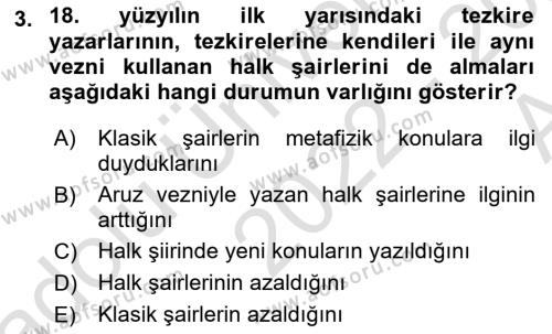 Tanzimat Dönemi Türk Edebiyatı 1 Dersi 2022 - 2023 Yılı (Vize) Ara Sınavı 3. Soru