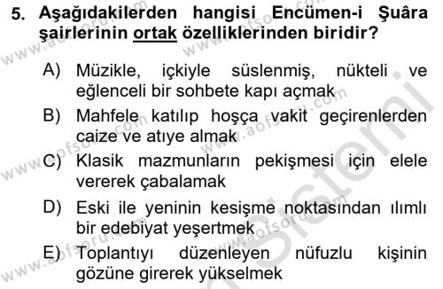 Tanzimat Dönemi Türk Edebiyatı 1 Dersi 2022 - 2023 Yılı (Vize) Ara Sınavı 5. Soru