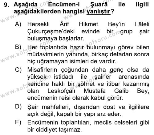 Tanzimat Dönemi Türk Edebiyatı 1 Dersi 2022 - 2023 Yılı (Vize) Ara Sınavı 9. Soru