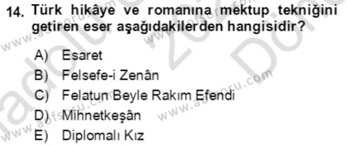 Tanzimat Dönemi Türk Edebiyatı 1 Dersi 2022 - 2023 Yılı (Final) Dönem Sonu Sınavı 14. Soru