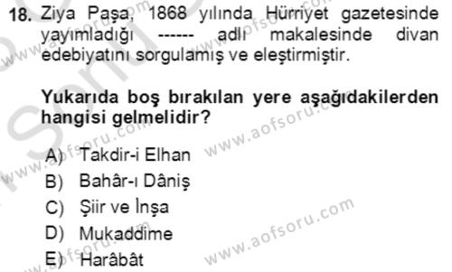 Tanzimat Dönemi Türk Edebiyatı 1 Dersi 2022 - 2023 Yılı (Final) Dönem Sonu Sınavı 18. Soru