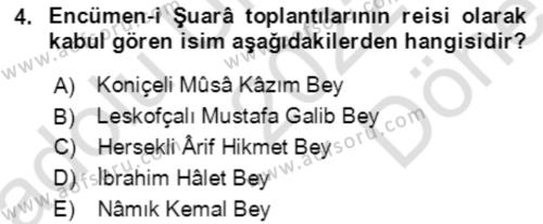 Tanzimat Dönemi Türk Edebiyatı 1 Dersi 2022 - 2023 Yılı (Final) Dönem Sonu Sınavı 4. Soru