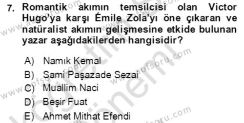 Tanzimat Dönemi Türk Edebiyatı 1 Dersi 2022 - 2023 Yılı (Final) Dönem Sonu Sınavı 7. Soru