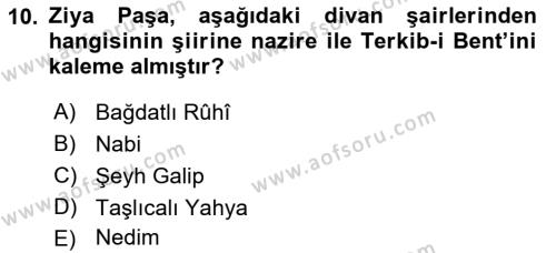 Tanzimat Dönemi Türk Edebiyatı 1 Dersi 2022 - 2023 Yılı Yaz Okulu Sınavı 10. Soru