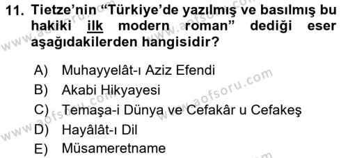 Tanzimat Dönemi Türk Edebiyatı 1 Dersi 2022 - 2023 Yılı Yaz Okulu Sınavı 11. Soru