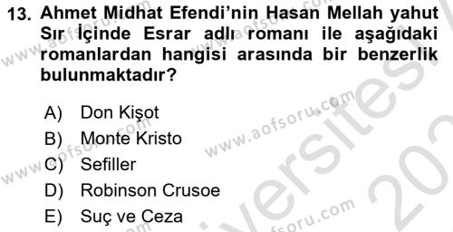 Tanzimat Dönemi Türk Edebiyatı 1 Dersi 2022 - 2023 Yılı Yaz Okulu Sınavı 13. Soru