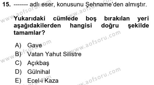 Tanzimat Dönemi Türk Edebiyatı 1 Dersi 2022 - 2023 Yılı Yaz Okulu Sınavı 15. Soru