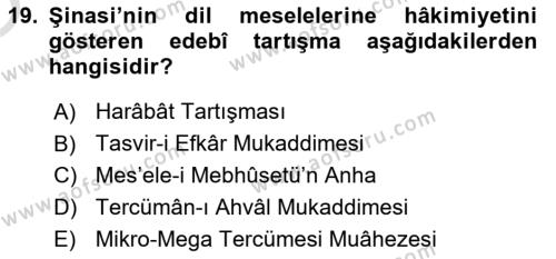 Tanzimat Dönemi Türk Edebiyatı 1 Dersi 2022 - 2023 Yılı Yaz Okulu Sınavı 19. Soru