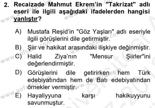 Tanzimat Dönemi Türk Edebiyatı 2 Dersi 2017 - 2018 Yılı (Vize) Ara Sınavı 2. Soru