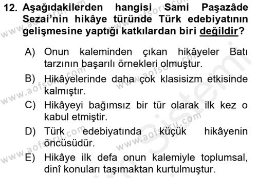 Tanzimat Dönemi Türk Edebiyatı 2 Dersi 2017 - 2018 Yılı (Final) Dönem Sonu Sınavı 12. Soru