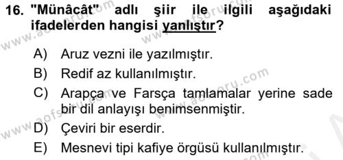 Tanzimat Dönemi Türk Edebiyatı 2 Dersi 2017 - 2018 Yılı (Final) Dönem Sonu Sınavı 16. Soru