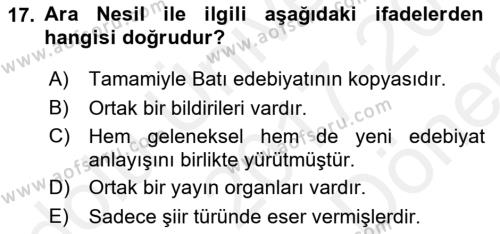 Tanzimat Dönemi Türk Edebiyatı 2 Dersi 2017 - 2018 Yılı (Final) Dönem Sonu Sınavı 17. Soru