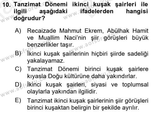 Tanzimat Dönemi Türk Edebiyatı 2 Dersi 2018 - 2019 Yılı (Vize) Ara Sınavı 10. Soru