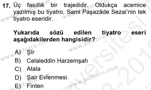 Tanzimat Dönemi Türk Edebiyatı 2 Dersi 2018 - 2019 Yılı (Vize) Ara Sınavı 17. Soru
