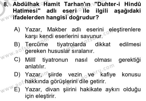 Tanzimat Dönemi Türk Edebiyatı 2 Dersi 2018 - 2019 Yılı Yaz Okulu Sınavı 8. Soru