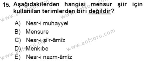 Tanzimat Dönemi Türk Edebiyatı 2 Dersi 2020 - 2021 Yılı Yaz Okulu Sınavı 15. Soru