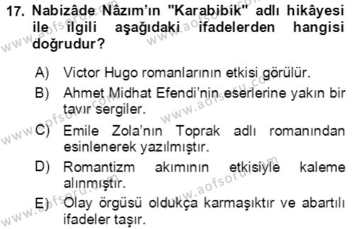 Tanzimat Dönemi Türk Edebiyatı 2 Dersi 2020 - 2021 Yılı Yaz Okulu Sınavı 17. Soru