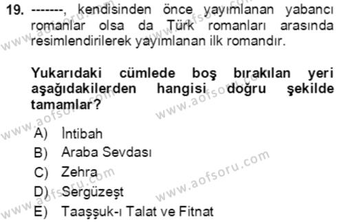 Tanzimat Dönemi Türk Edebiyatı 2 Dersi 2020 - 2021 Yılı Yaz Okulu Sınavı 19. Soru