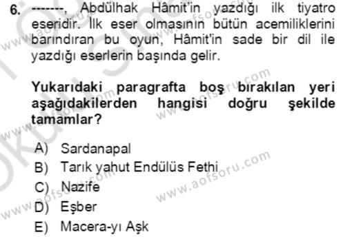 Tanzimat Dönemi Türk Edebiyatı 2 Dersi 2020 - 2021 Yılı Yaz Okulu Sınavı 6. Soru