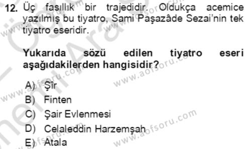 Tanzimat Dönemi Türk Edebiyatı 2 Dersi 2021 - 2022 Yılı (Vize) Ara Sınavı 12. Soru