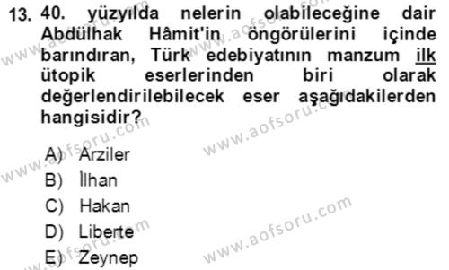 Tanzimat Dönemi Türk Edebiyatı 2 Dersi 2021 - 2022 Yılı (Vize) Ara Sınavı 13. Soru