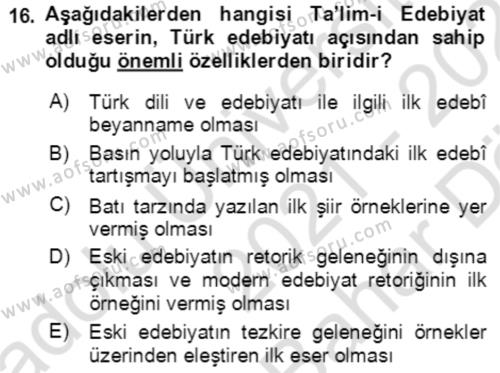 Tanzimat Dönemi Türk Edebiyatı 2 Dersi 2021 - 2022 Yılı (Vize) Ara Sınavı 16. Soru