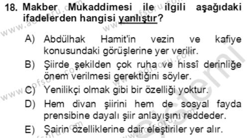 Tanzimat Dönemi Türk Edebiyatı 2 Dersi 2021 - 2022 Yılı (Vize) Ara Sınavı 18. Soru