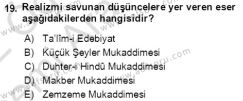 Tanzimat Dönemi Türk Edebiyatı 2 Dersi 2021 - 2022 Yılı (Vize) Ara Sınavı 19. Soru