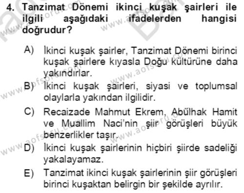 Tanzimat Dönemi Türk Edebiyatı 2 Dersi 2021 - 2022 Yılı (Vize) Ara Sınavı 4. Soru