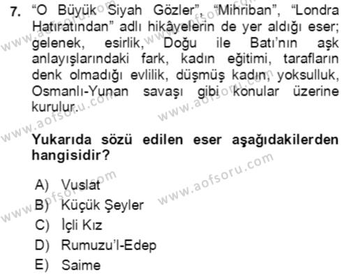 Tanzimat Dönemi Türk Edebiyatı 2 Dersi 2021 - 2022 Yılı (Vize) Ara Sınavı 7. Soru