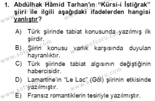 Tanzimat Dönemi Türk Edebiyatı 2 Dersi 2021 - 2022 Yılı (Final) Dönem Sonu Sınavı 1. Soru