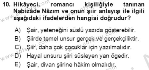 Tanzimat Dönemi Türk Edebiyatı 2 Dersi 2021 - 2022 Yılı (Final) Dönem Sonu Sınavı 10. Soru