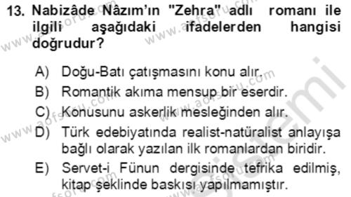 Tanzimat Dönemi Türk Edebiyatı 2 Dersi 2021 - 2022 Yılı (Final) Dönem Sonu Sınavı 13. Soru