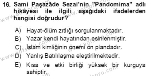 Tanzimat Dönemi Türk Edebiyatı 2 Dersi 2021 - 2022 Yılı (Final) Dönem Sonu Sınavı 16. Soru