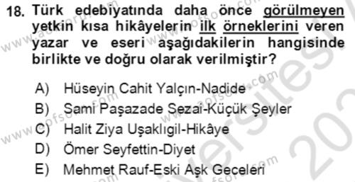 Tanzimat Dönemi Türk Edebiyatı 2 Dersi 2021 - 2022 Yılı (Final) Dönem Sonu Sınavı 18. Soru