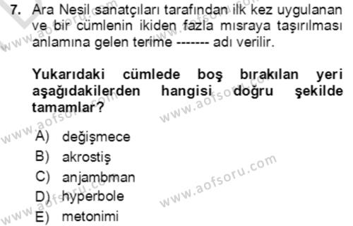 Tanzimat Dönemi Türk Edebiyatı 2 Dersi 2021 - 2022 Yılı (Final) Dönem Sonu Sınavı 7. Soru