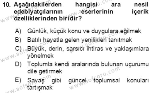 Tanzimat Dönemi Türk Edebiyatı 2 Dersi 2021 - 2022 Yılı Yaz Okulu Sınavı 10. Soru