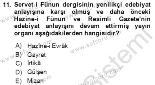 Tanzimat Dönemi Türk Edebiyatı 2 Dersi 2021 - 2022 Yılı Yaz Okulu Sınavı 11. Soru