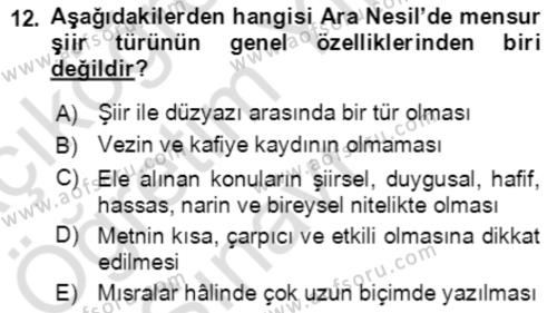 Tanzimat Dönemi Türk Edebiyatı 2 Dersi 2021 - 2022 Yılı Yaz Okulu Sınavı 12. Soru