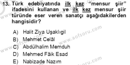 Tanzimat Dönemi Türk Edebiyatı 2 Dersi 2021 - 2022 Yılı Yaz Okulu Sınavı 13. Soru