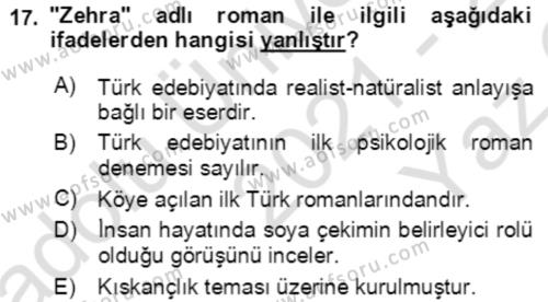 Tanzimat Dönemi Türk Edebiyatı 2 Dersi 2021 - 2022 Yılı Yaz Okulu Sınavı 17. Soru