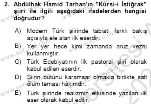 Tanzimat Dönemi Türk Edebiyatı 2 Dersi 2021 - 2022 Yılı Yaz Okulu Sınavı 2. Soru