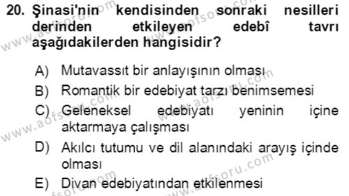 Tanzimat Dönemi Türk Edebiyatı 2 Dersi 2021 - 2022 Yılı Yaz Okulu Sınavı 20. Soru