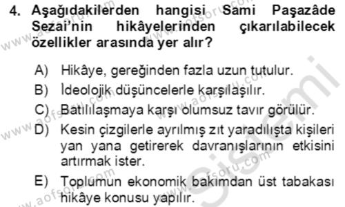 Tanzimat Dönemi Türk Edebiyatı 2 Dersi 2021 - 2022 Yılı Yaz Okulu Sınavı 4. Soru